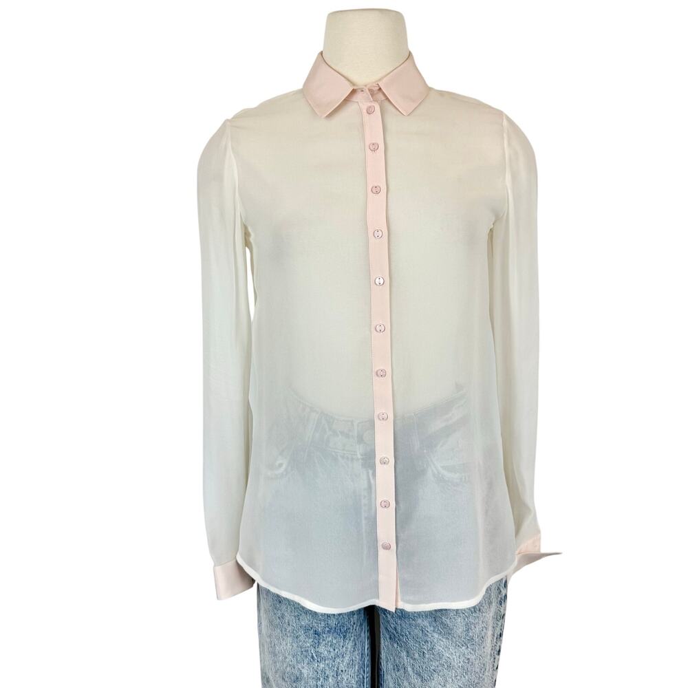 Anne Fontaine Silk Sheer Button-Down Shirt Top Long Sleeve White/Light Pink 36